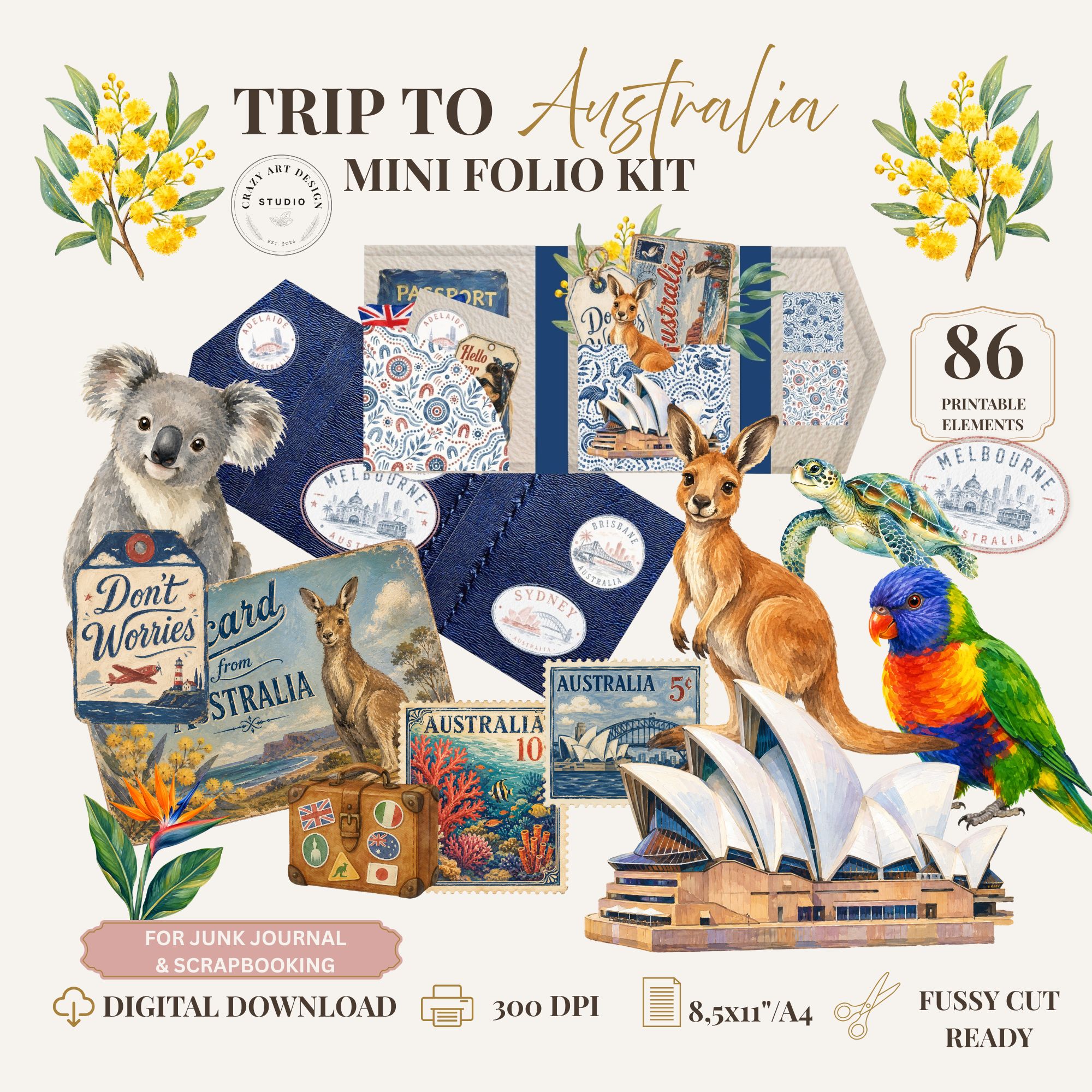 Mini Folio Cyfrowe papiery do samodzielnego wydruku do wycinania - digital, Podróż do Australii