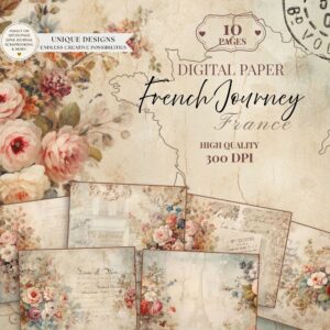 Zestaw papierów cyfrowych do samodzielnego wydruku w stylu Vintage - digital, Francuska podróż