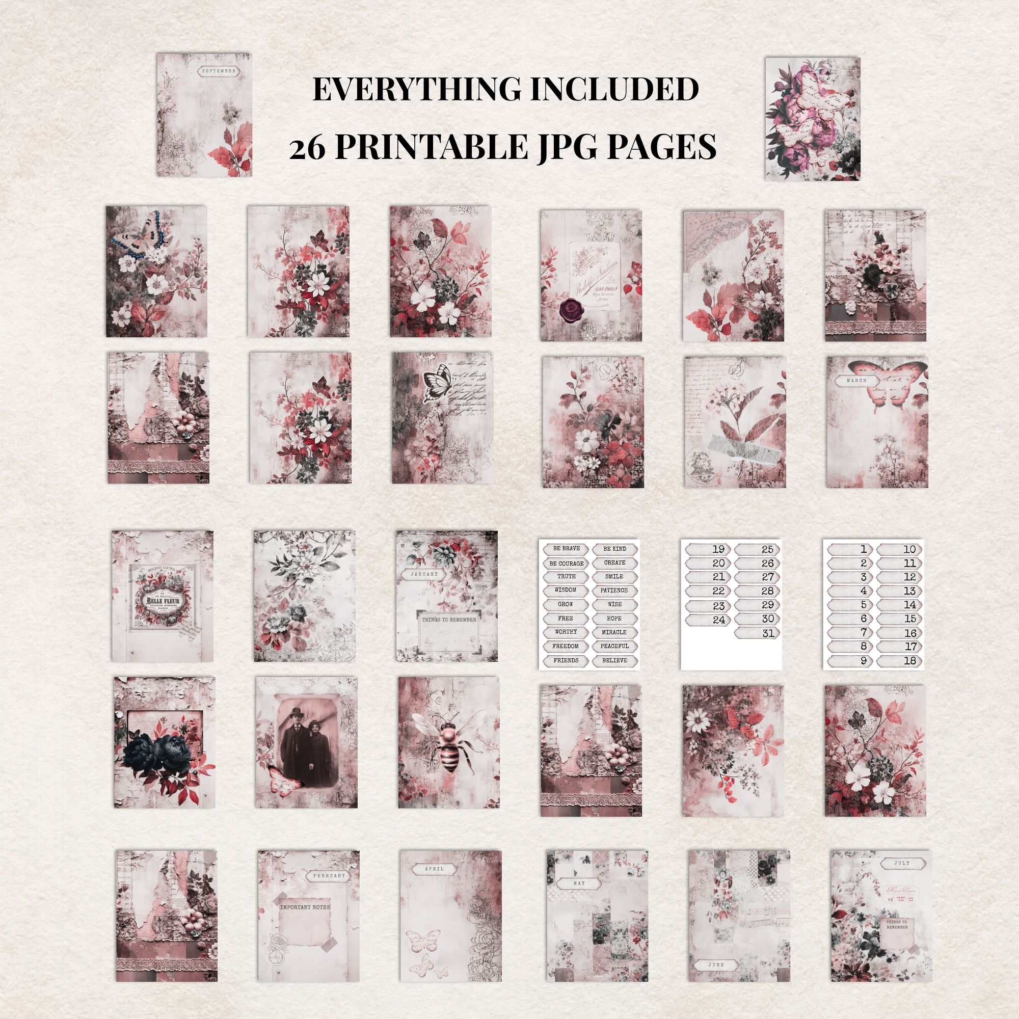 17.zdjęcie przedstawia widok z góry na całą kolekcje 32 stron Vintage Botanical do junk journal lub scrapbooking