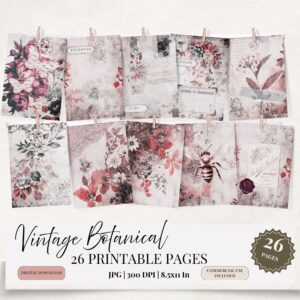 10 stron z oferty przypiete klamerkami do sznurka. strony przedstawiają papier cyfrowy do junk journal, są w stylu vintage, w odcieniach różu, na stronach widać pszczołę, suszone kwiaty, akwarelowe kwiaty, motyle na tle ciemnych kwiatów, karty z nazwą miesiąca