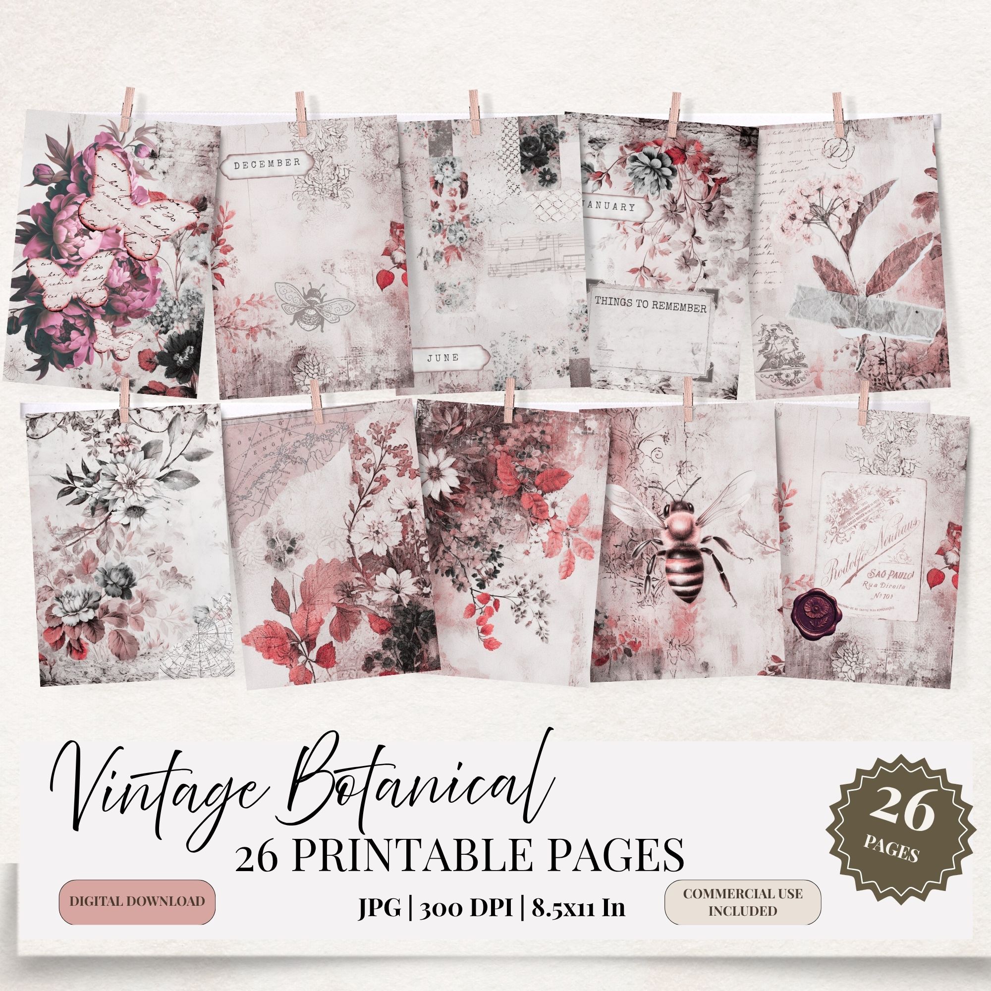 10 stron z oferty przypiete klamerkami do sznurka. strony przedstawiają papier cyfrowy do junk journal, są w stylu vintage, w odcieniach różu, na stronach widać pszczołę, suszone kwiaty, akwarelowe kwiaty, motyle na tle ciemnych kwiatów, karty z nazwą miesiąca
