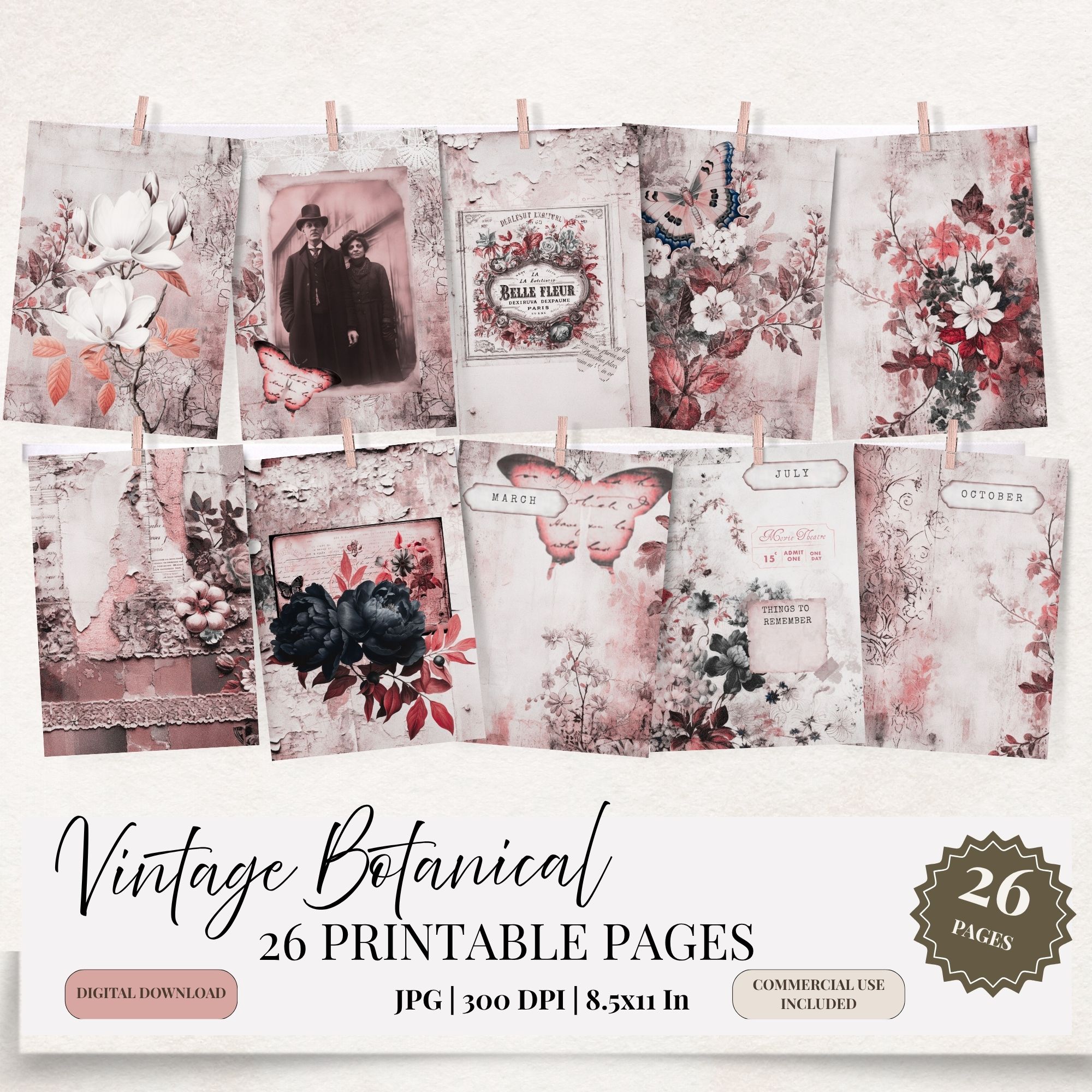 kolejne 10 stron z oferty przypiete klamerkami do sznurka. strony przedstawiają papier cyfrowy do junk journal, na stronach widać cień motyla, etykietę starą na perfumy, jedna strona wygląda jak warstwowo ułożony kolaż, strony z kwiatami i motylem a wszystko to w stylu vintage w odcieniach przygaszonego różu