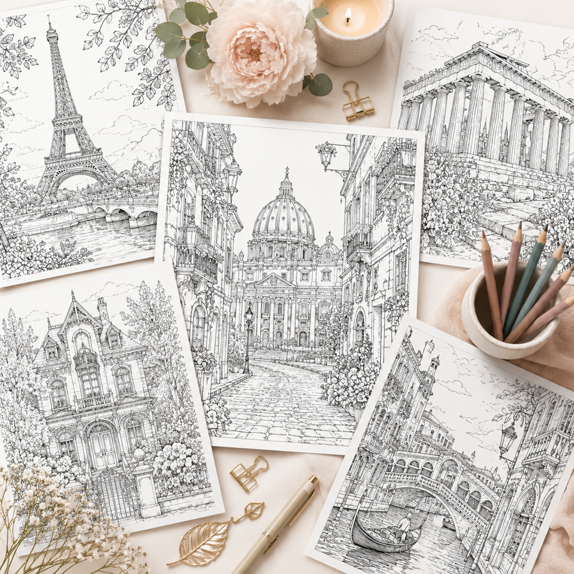 Kolorowanki do druku z detalicznymi ilustracjami architektury