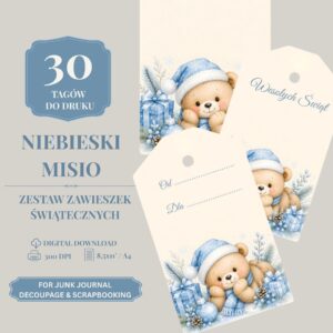 Zestaw 30 świątecznych zawieszek do prezentów z niebieskim misiem, wersje Wesołych Świąt, Od Dla i bez tekstu.
