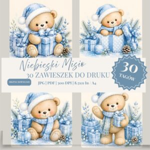 Cztery wzory niebieskich świątecznych zawieszek z misiami, prezentami i zimowymi dekoracjami do samodzielnego wydruku.