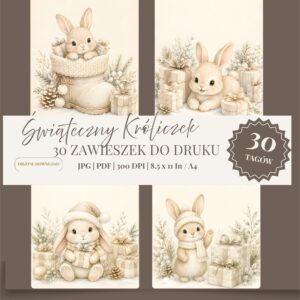Zestaw świątecznych zawieszek do druku z uroczymi króliczkami, prezentami i zimowymi dekoracjami w kremowych kolorach.
