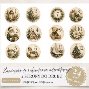 Zawieszki do kalendarza adwentowego z numerami 1–12 i świątecznymi ilustracjami vintage na stronie do druku.