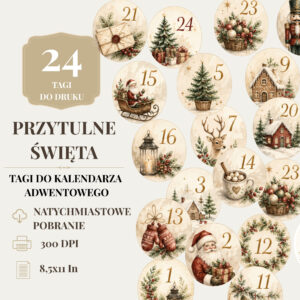 Zawieszki do kalendarza adwentowego do druku – 24 numerowane ilustracje świąteczne w stylu vintage, z choinkami, Mikołajem, reniferem i zimowymi domkami.